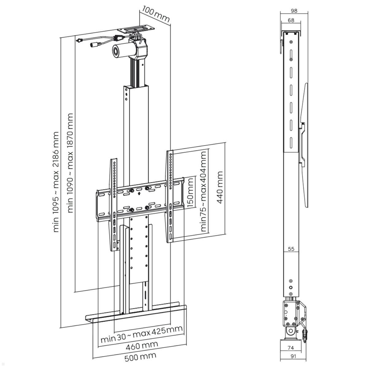 MonLines MLD780B TV Lift Deckenhalterung elektrisch, Hub 780mm, Maße