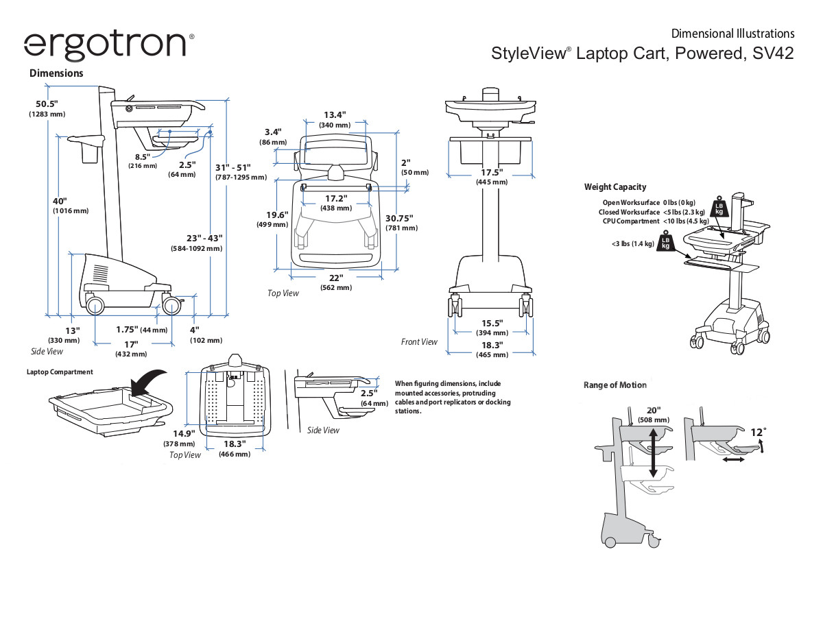 Ergotron StyleView EMR Laptopwagen mit Stromversorgung (SV42-6102-2) technische Zeichnung Ergotron StyleView EMR Laptopwagen mit Stromversorgung (SV42-6102-2) technische Zeichnung