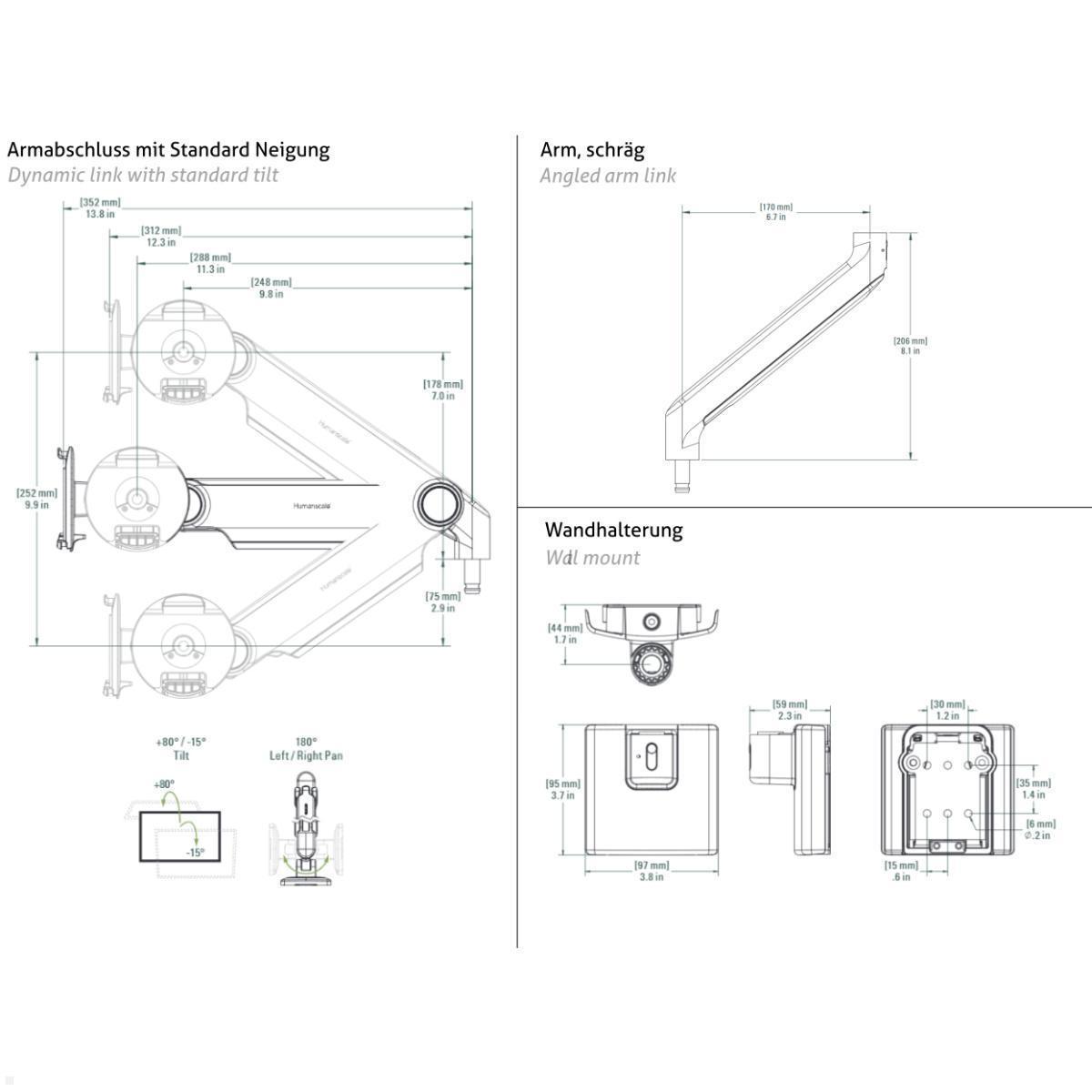 Humanscale M2.1 Laptop Wandhalterung mit Schwenkarm schräg, schwarz, technische Zeichnung